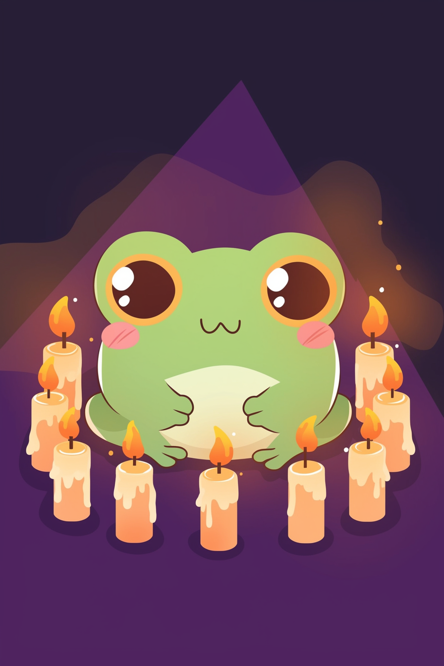 halloween frog drawing ideas 2 featuring a cute frog surrounded by glowing candles in a dark setting.